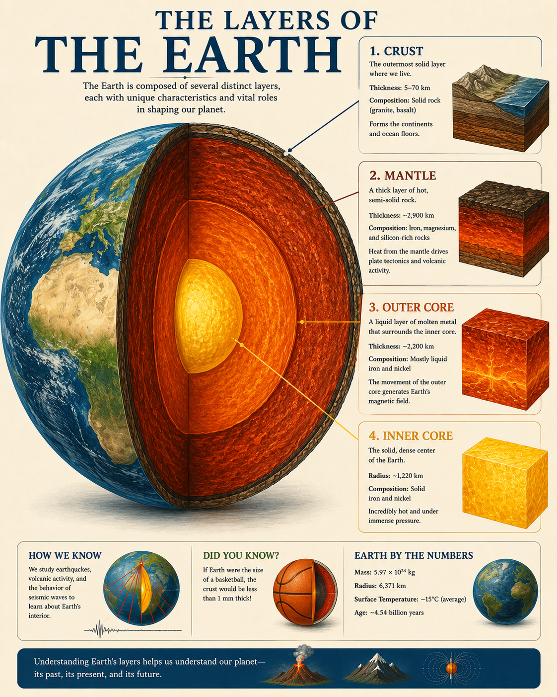 Educational Poster Showing the Layers of the Earth - Crust - Mantle - Outer Core and Inner Core Matted Art Prints for Classrooms