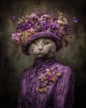 Eleanor thePurple Loving Cowgirl Cat - Matted Art Print for Country Cottage Wall Display