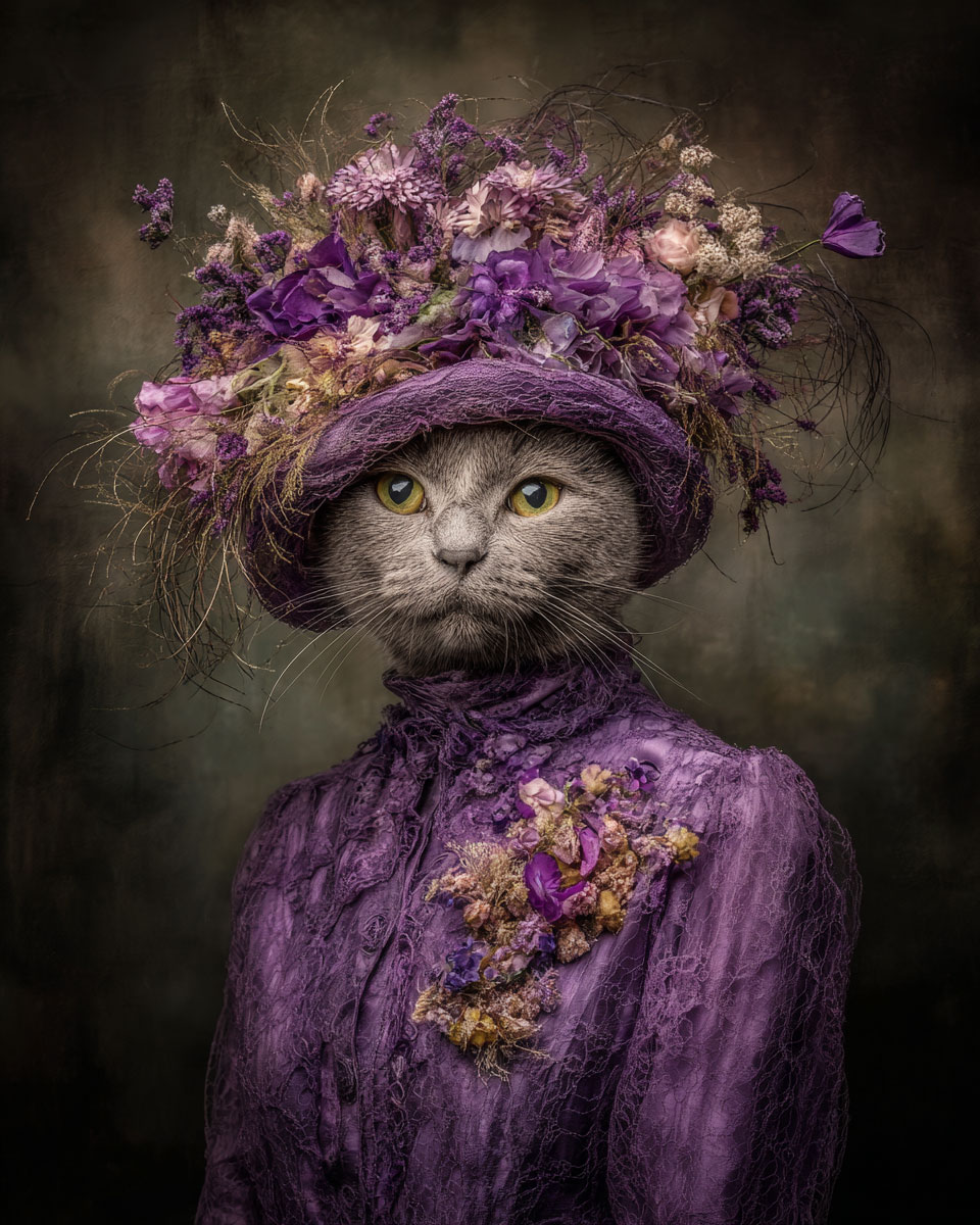 Eleanor thePurple Loving Cowgirl Cat - Matted Art Print for Country Cottage Wall Display
