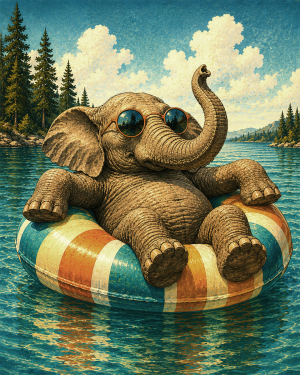 Elephant-Floating-on-Inner-Tube-Matted-PrintQQWholesale-Playful-Beach-Town-Retail-Decor.png