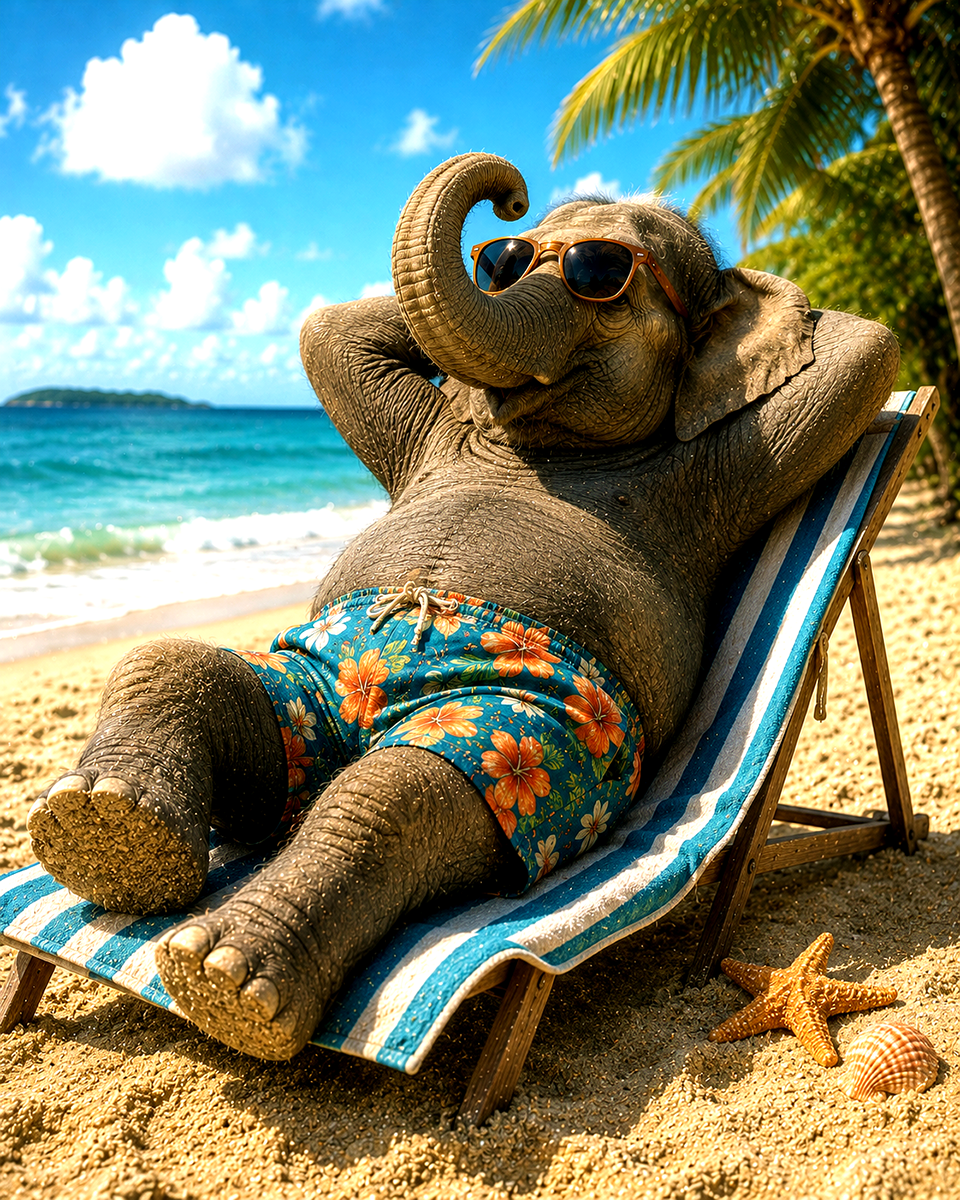Elephant Sunbathing on Sandy Beach Matted Art Print - Wholesale Coastal Whimsy Wall Decor