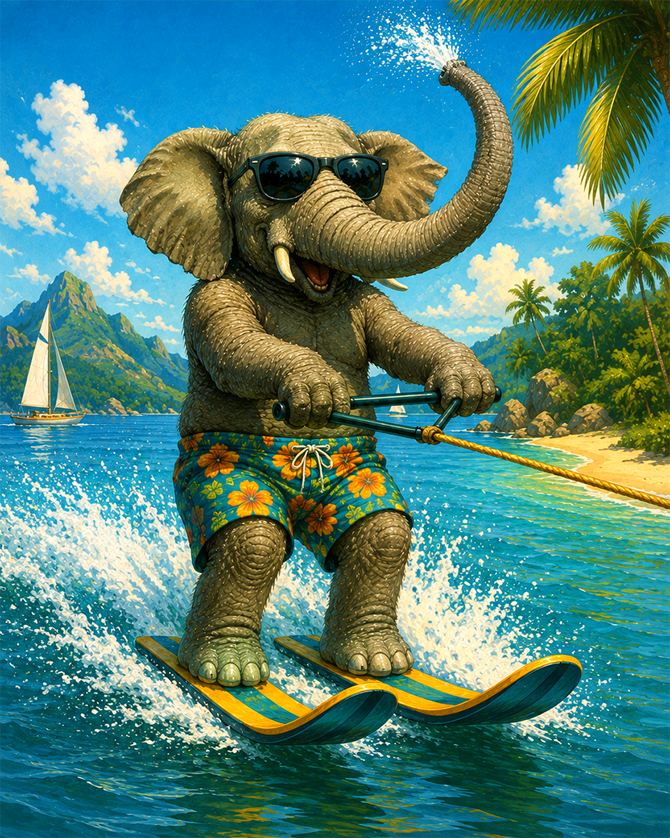 Elephant Water Skiing in Tropical Paradise Matted Print - Wholesale Novelty Animal Art