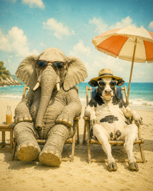 Elephant-and-Cow-Relaxing-on-Sandy-Beach-Matted-Art-PrintQQWholesale-Whimsical-Retail-DecorQQold-color-photo-style.png