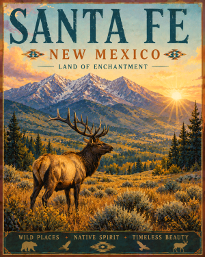 Elk Above Santa Fe Matted Artwork - Enchanting New Mexico Wholesale Decor