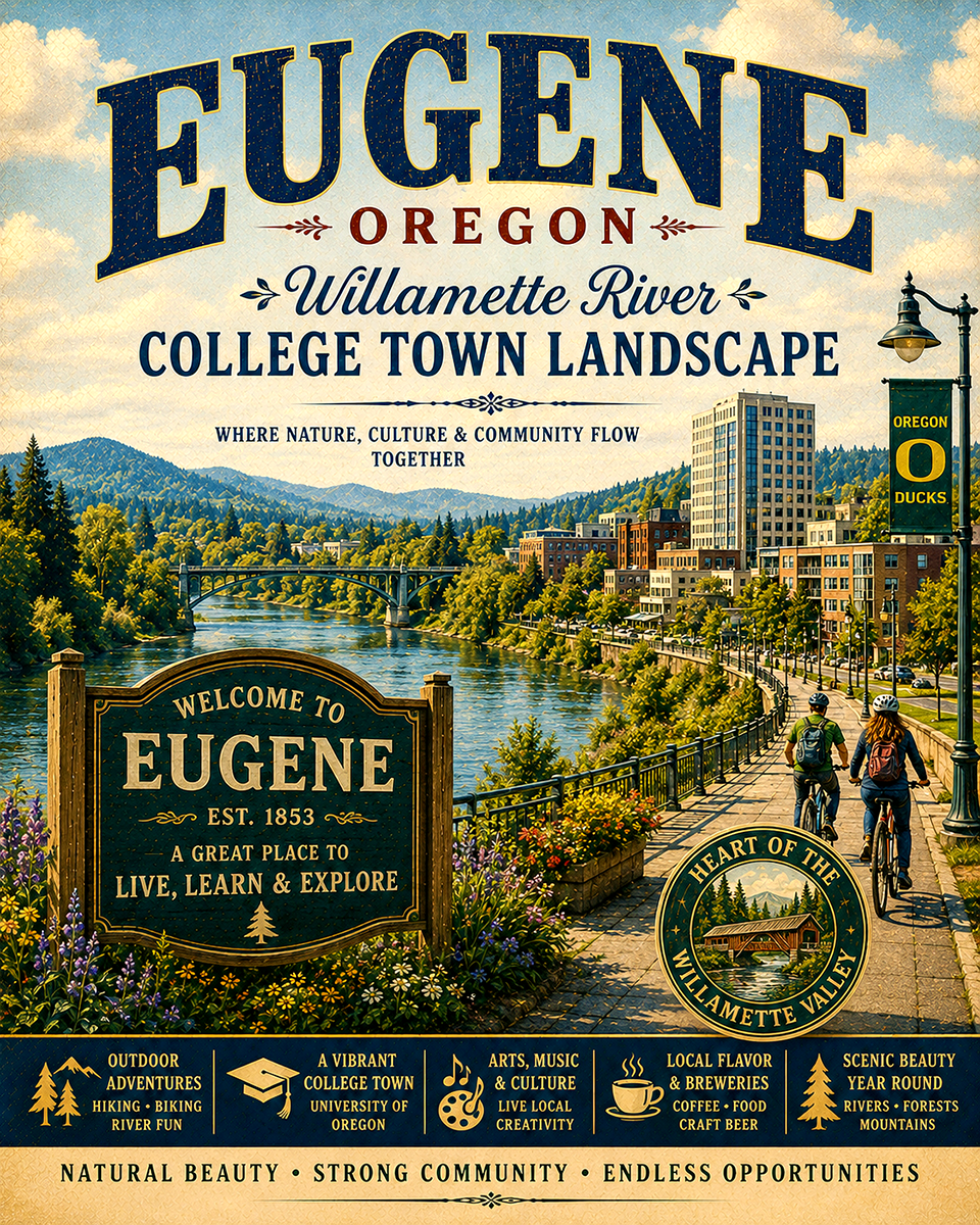 Eugene Oregon Willamette River College Town Landscape Matted Print - Wholesale Retail Wall Art