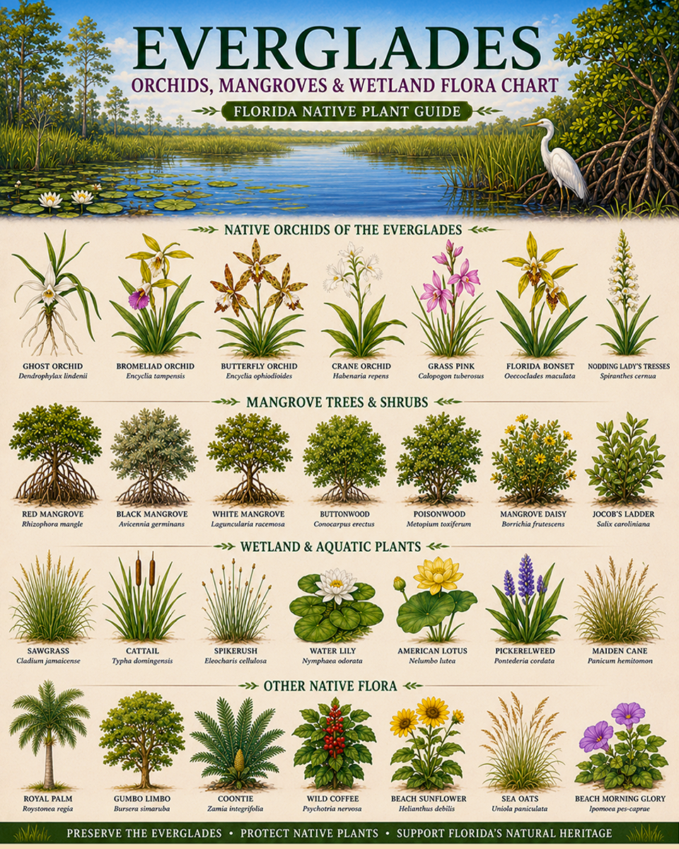 Everglades Orchids Mangroves & Wetland Flora Chart Matted Art Print - Florida Native Plant Guide