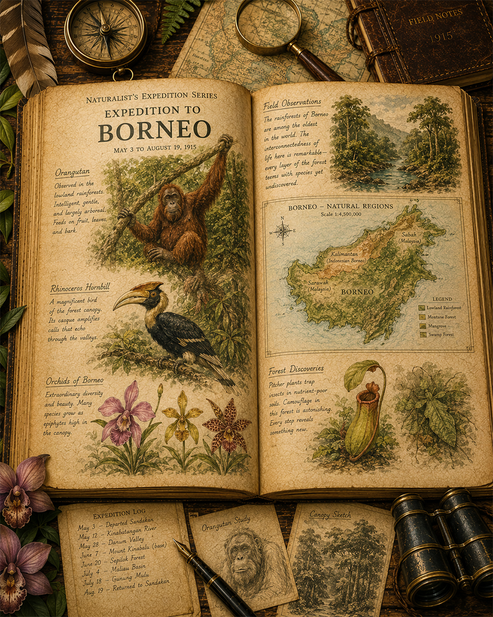 Expedition to Borneo Matted Art Print - Vintage Rainforest Expedition Art
