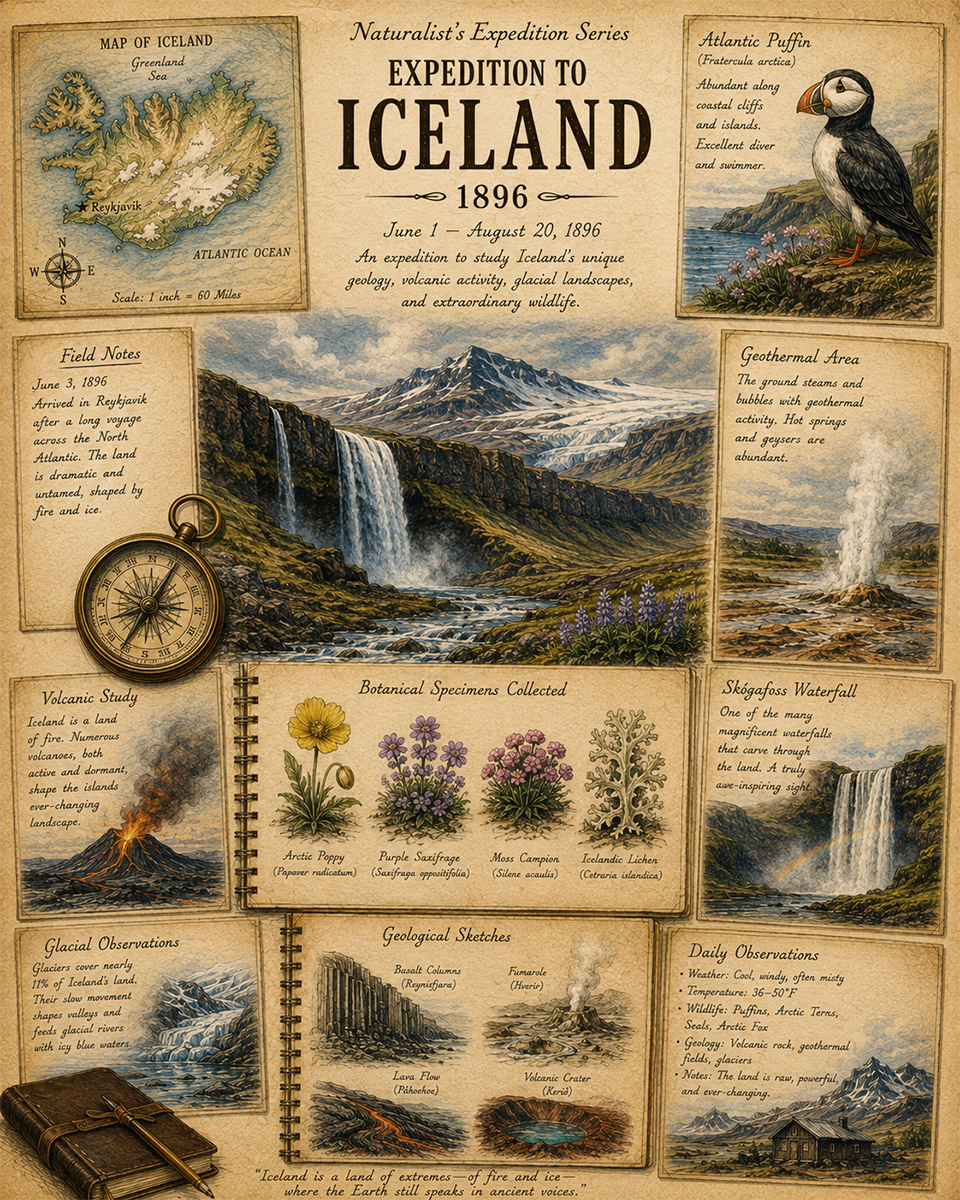 Expedition to Iceland Matted Art Print - Vintage Exploration Journal Art
