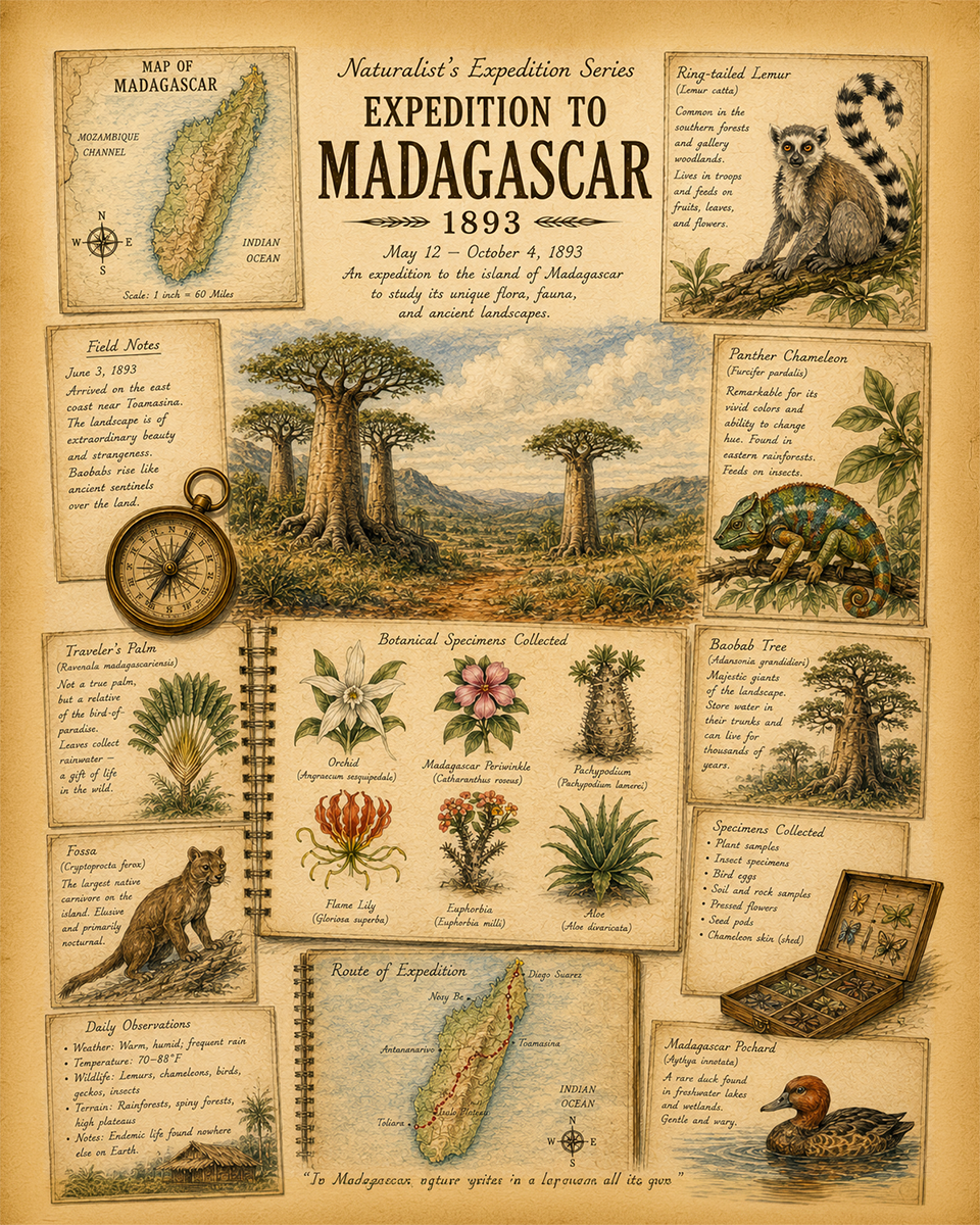 Expedition to Madagascar Matted Art Print - Vintage Expedition Art
