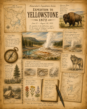 Expedition to Yellowstone 1872 Matted Art Print - Vintage Naturalist Expedition Art1