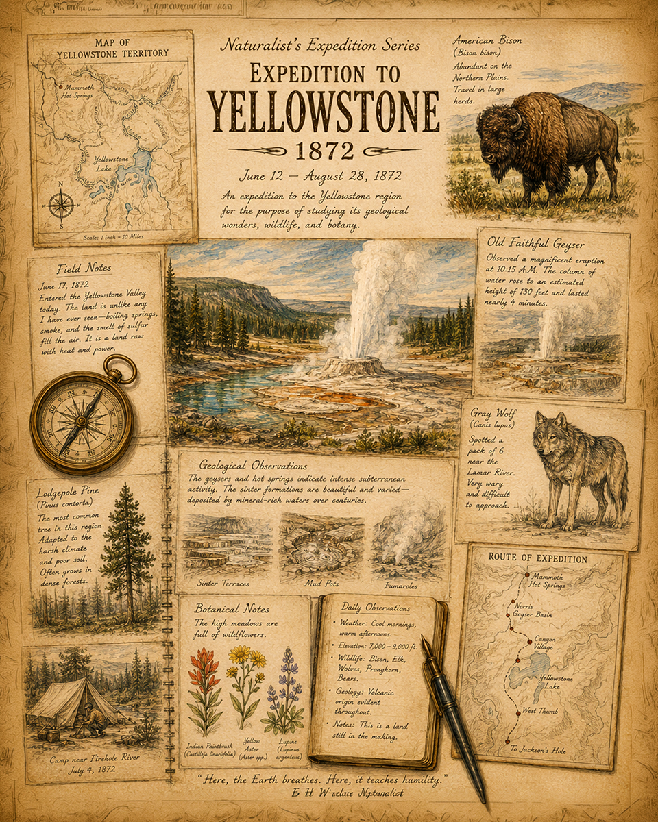 Expedition to Yellowstone 1872 Matted Art Print - Vintage Naturalist Expedition Art1