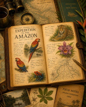 Expedition to the Amazon Matted Art Print - Vintage Rainforest Exploration Art