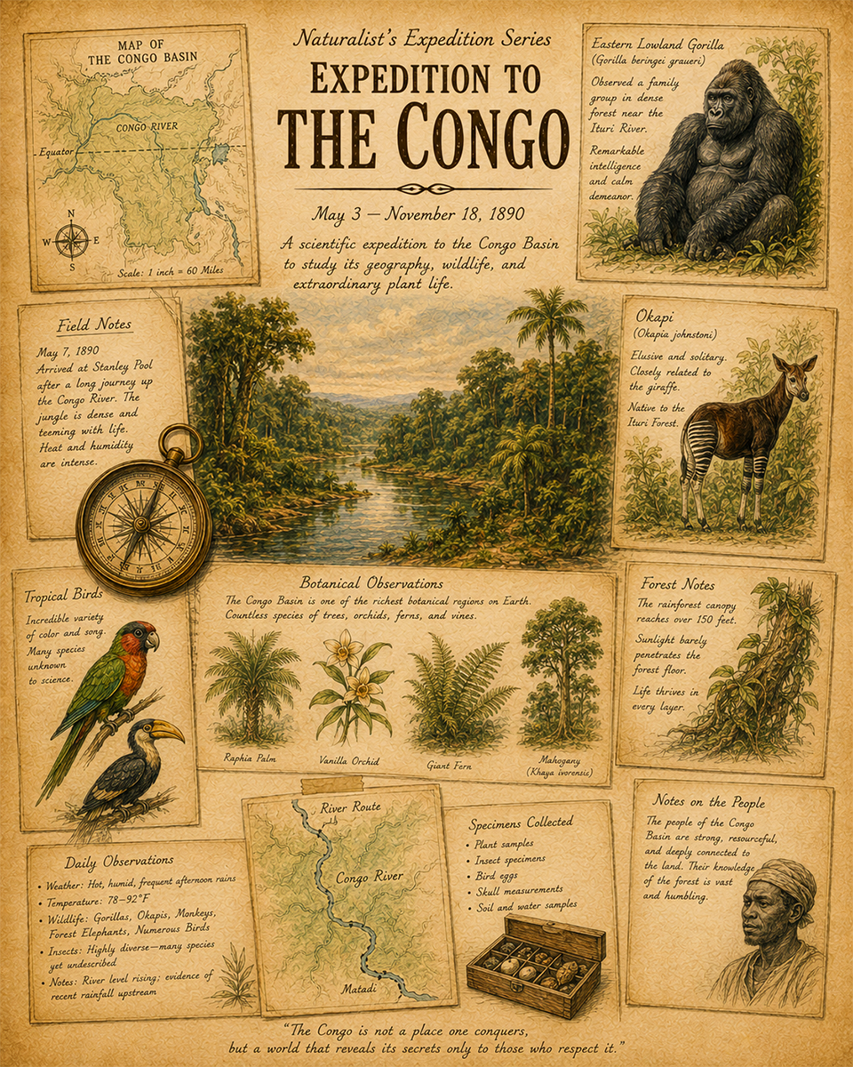 Expedition to the Congo Matted Art Print - Vintage Jungle Exploration Art