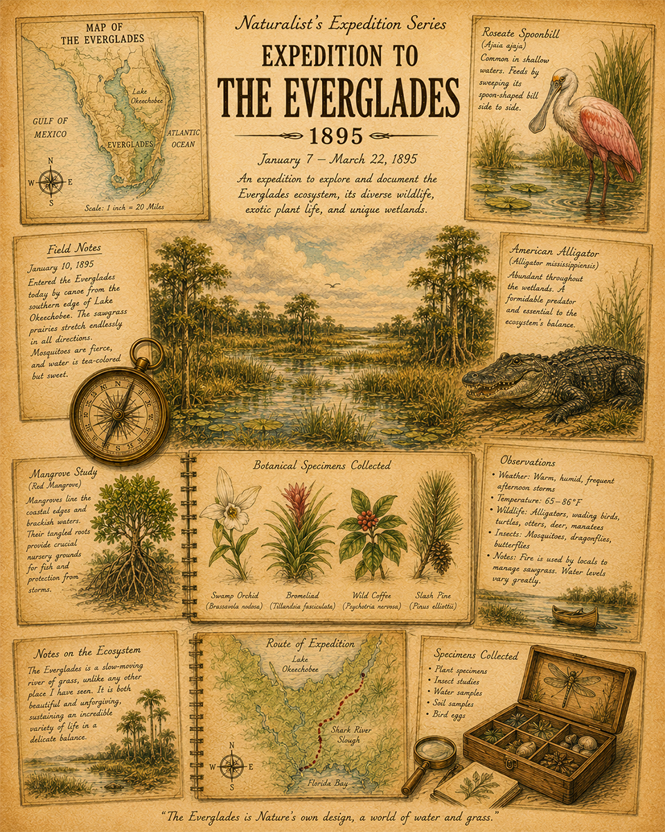 Expedition to the Everglades Matted Art Print - Vintage Naturalist Art