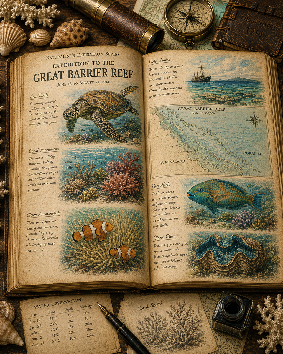 Expedition to the Great Barrier Reef Matted Art Print - Vintage Marine Exploration Art
