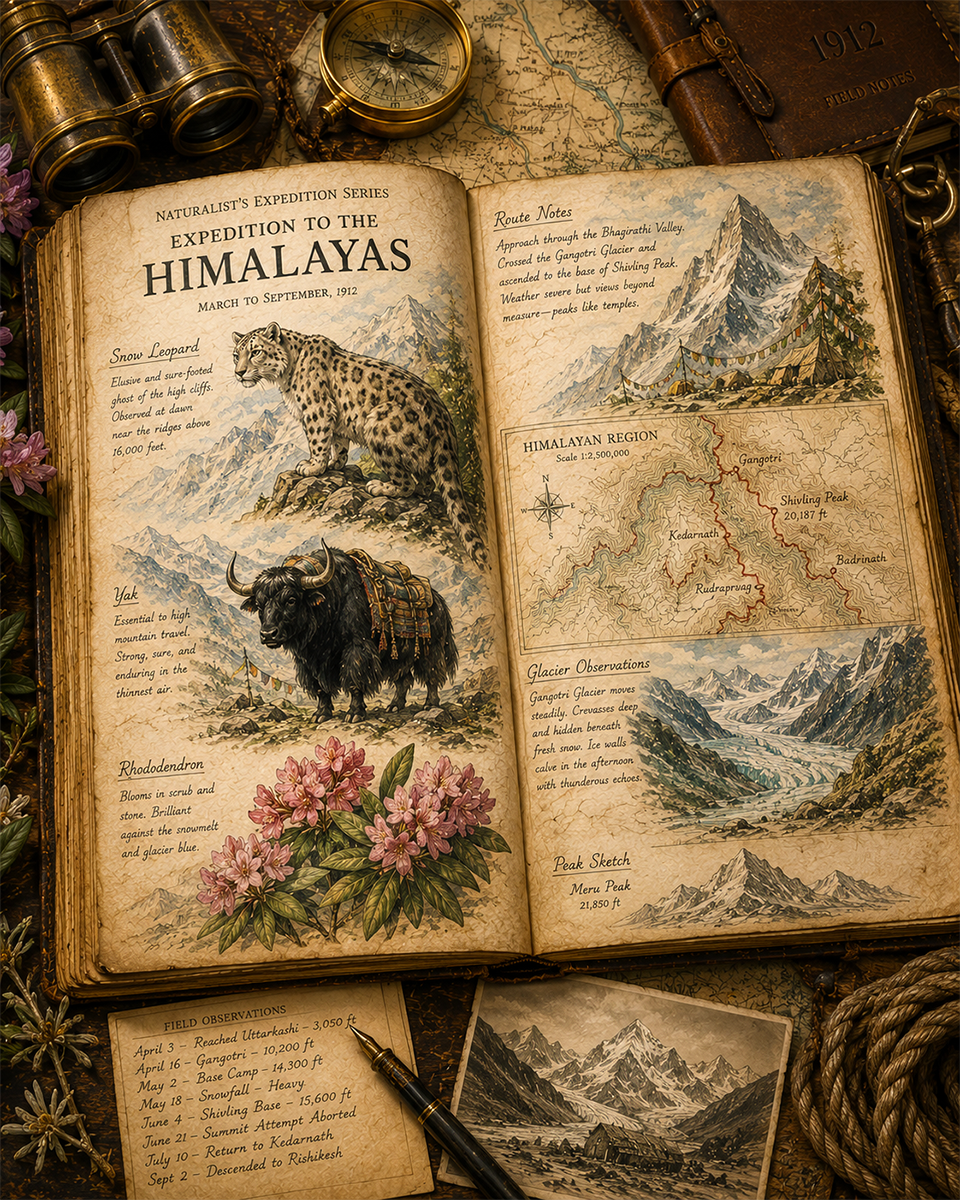 Expedition to the Himalayas Matted Art Print - Vintage Mountain Exploration Art