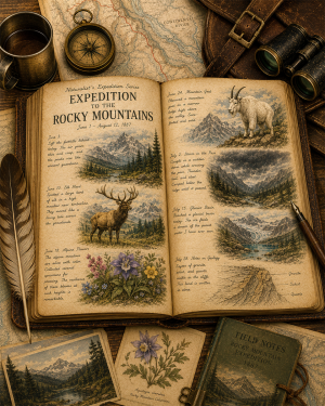 Expedition to the Rocky Mountains Matted Art Print - Vintage Mountain Expedition Art
