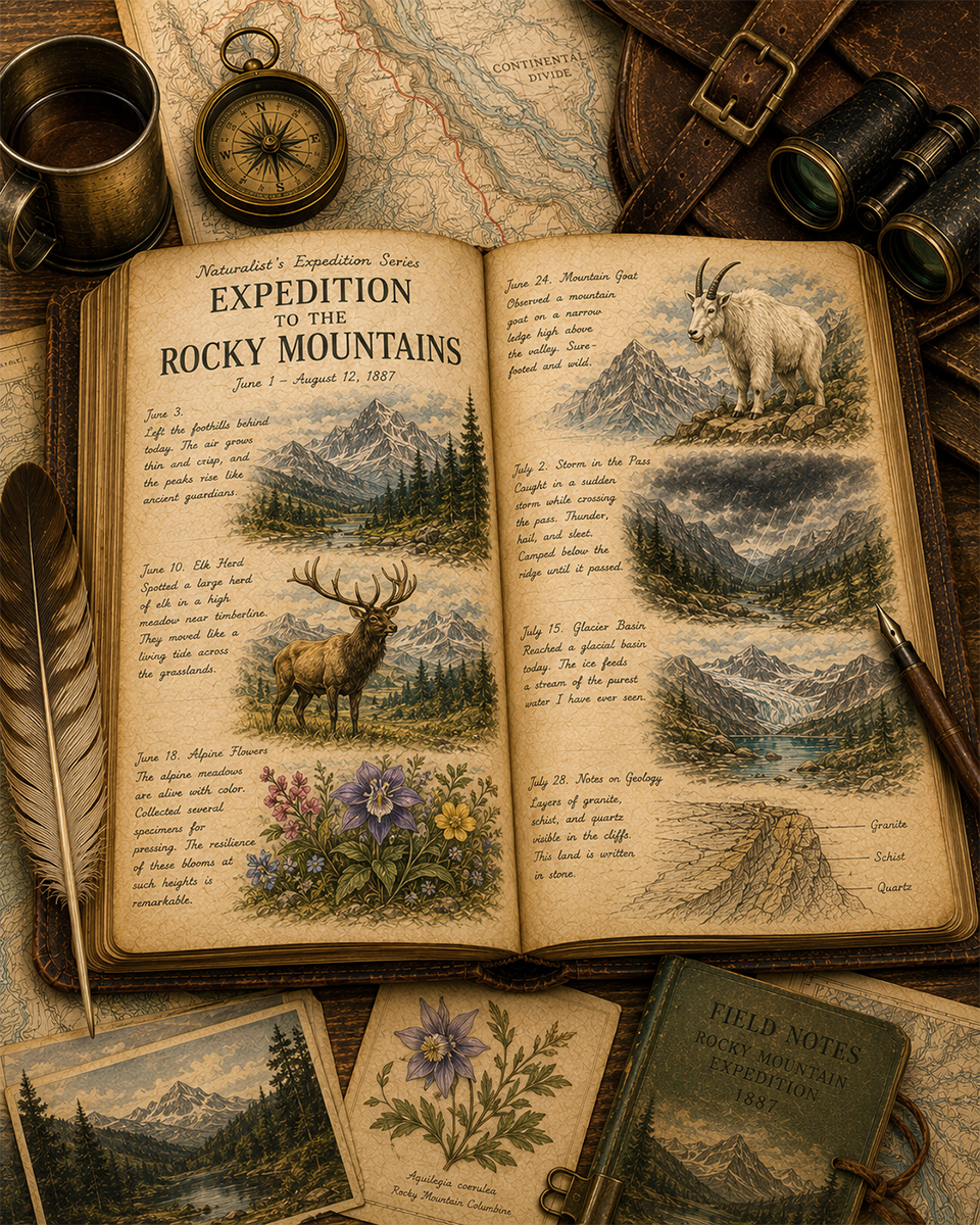 Expedition to the Rocky Mountains Matted Art Print - Vintage Mountain Expedition Art