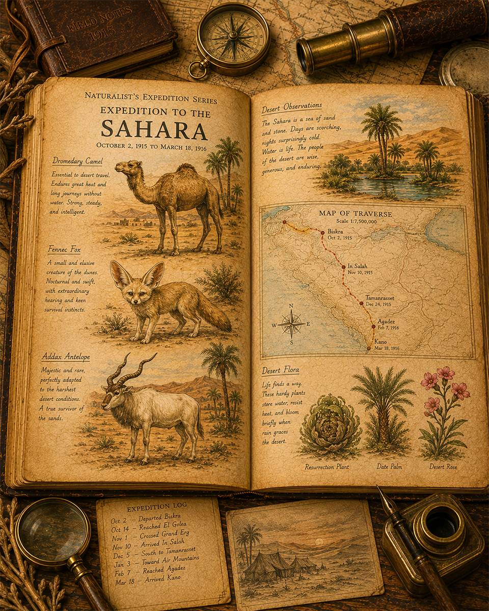 Expedition to the Sahara Matted Art Print - Vintage Desert Expedition Art