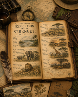 Expedition to the Serengeti Matted Art Print - Vintage African Expedition Art