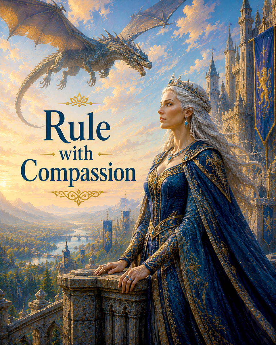 Fantasy Queen and Dragon Wall Art Matted Art Print - Rule with Compassion Castle Decor