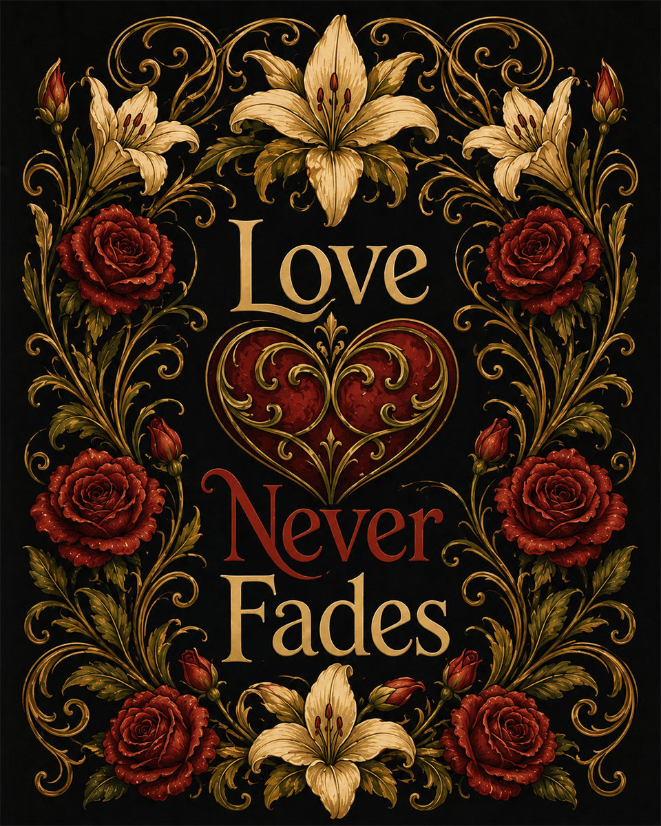 Floral Wreath Art Nouveau  Wall Art Matted Art Print - Love Never Fades Romantic Decor