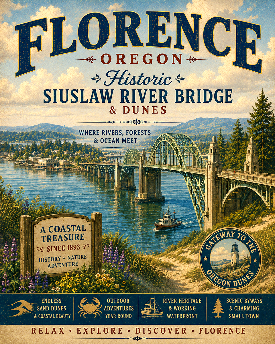 Florence Oregon Historic Siuslaw River Bridge & Dunes Matted Art Print - Wholesale Travel Decor