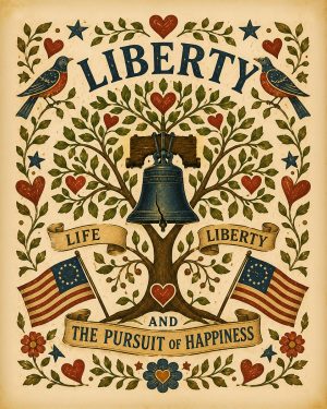 Folk Art Liberty Tree with Hearts and Birds Matted Art Print