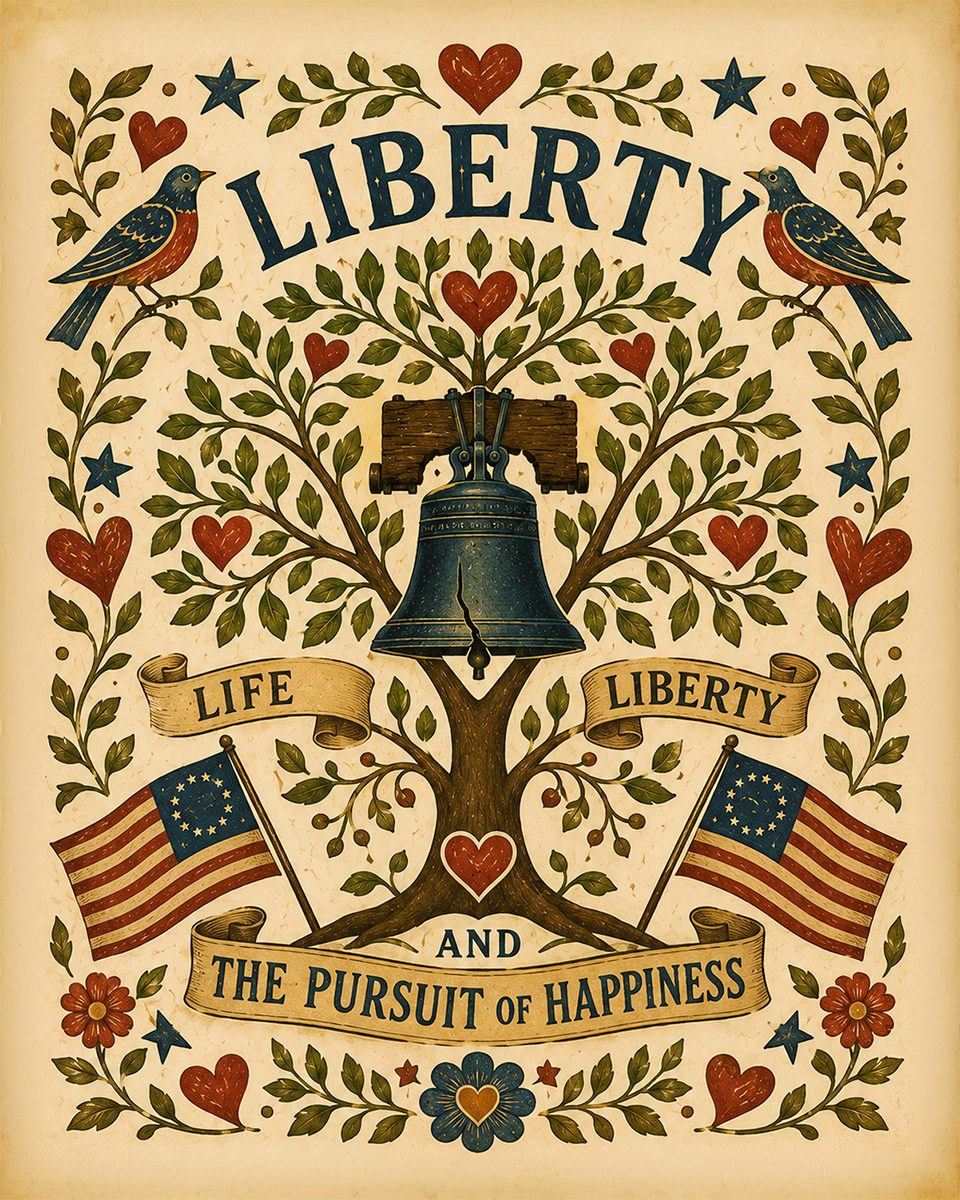 Folk Art Liberty Tree with Hearts and Birds Matted Art Print