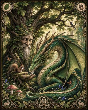 Forest Dragon and Ancient Oak Folk Art Matted Art Print