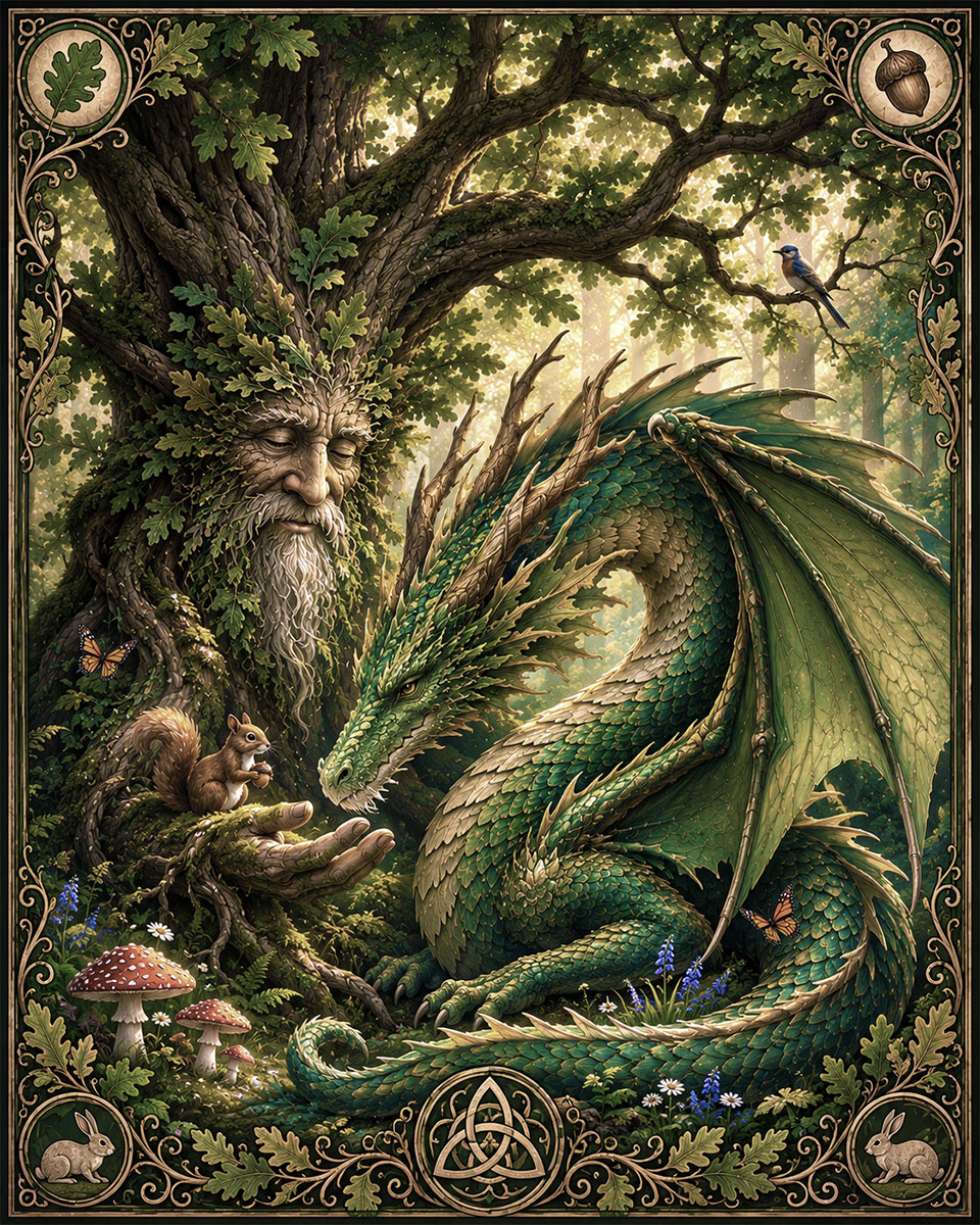 Forest Dragon and Ancient Oak Folk Art Matted Art Print