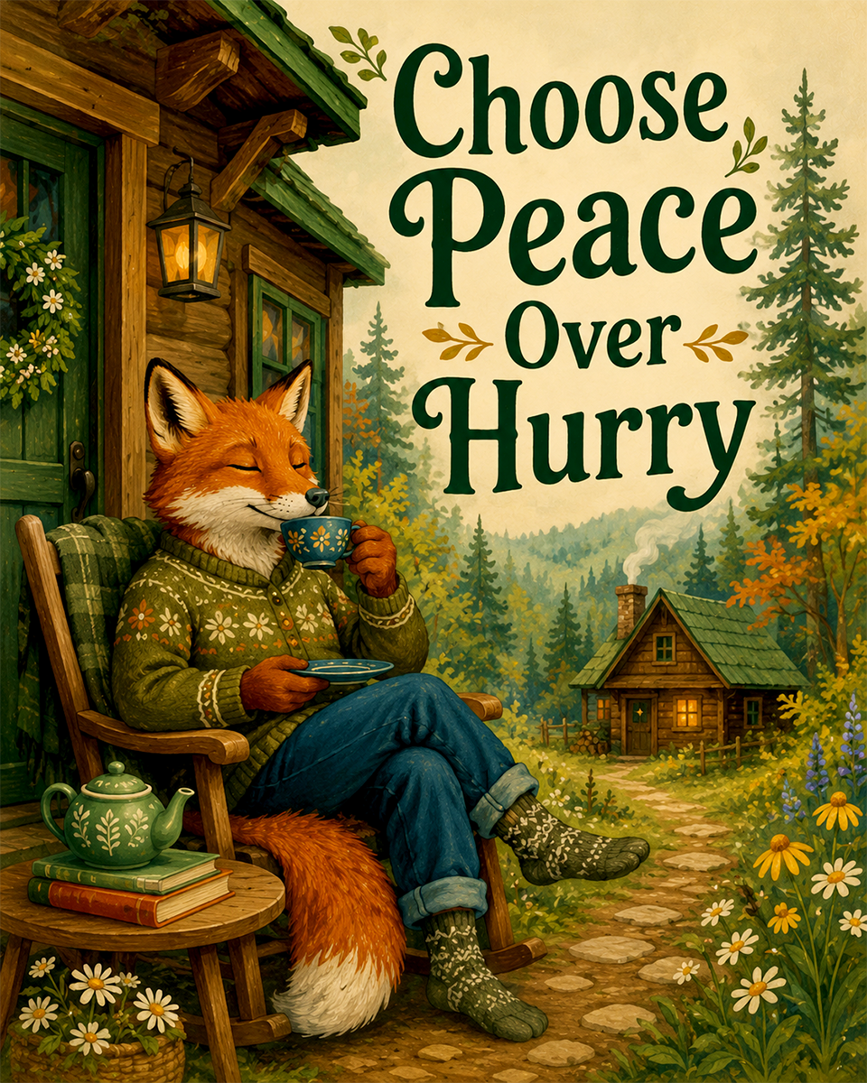 Fox Cottagecore Wall Art Matted Art Print - Cozy Woodland Animal Decor with Mindful Quote