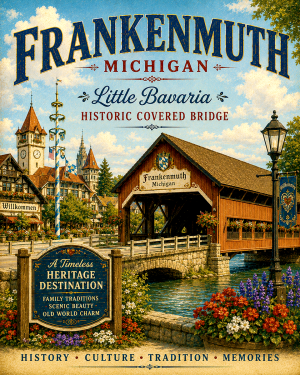Frankenmuth Michigan Little Bavaria Historic Covered Bridge Matted Art Print - Wholesale Heritage Gift Art