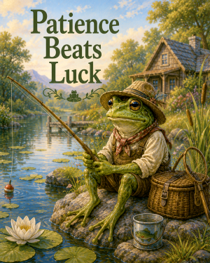 Frog Fishing Wall Art Matted Art Print - Cottagecore Decor with Motivational Saying