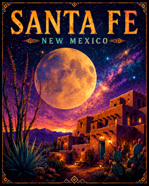 Full Moon Night in Santa Fe Matted Art Print - Wholesale New Mexico Decor
