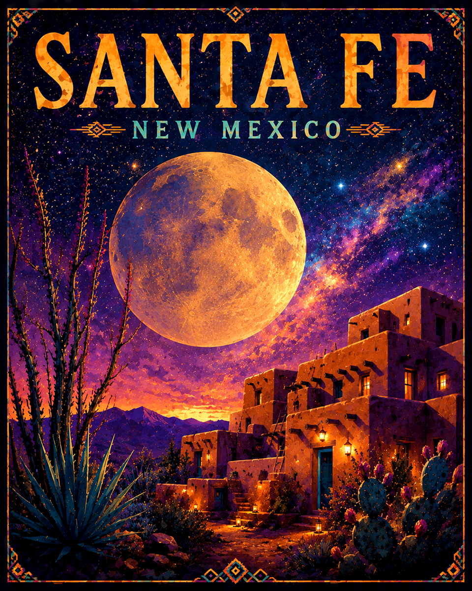 Full Moon Night in Santa Fe Matted Art Print - Wholesale New Mexico Decor