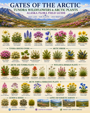 Gates of the Arctic Tundra Wildflowers & Arctic Plants Chart Matted Art Print - Alaska Flora Field Guide