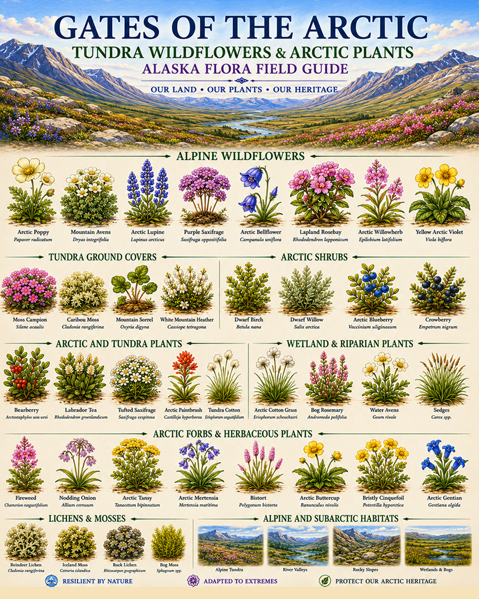 Gates of the Arctic Tundra Wildflowers & Arctic Plants Chart Matted Art Print - Alaska Flora Field Guide