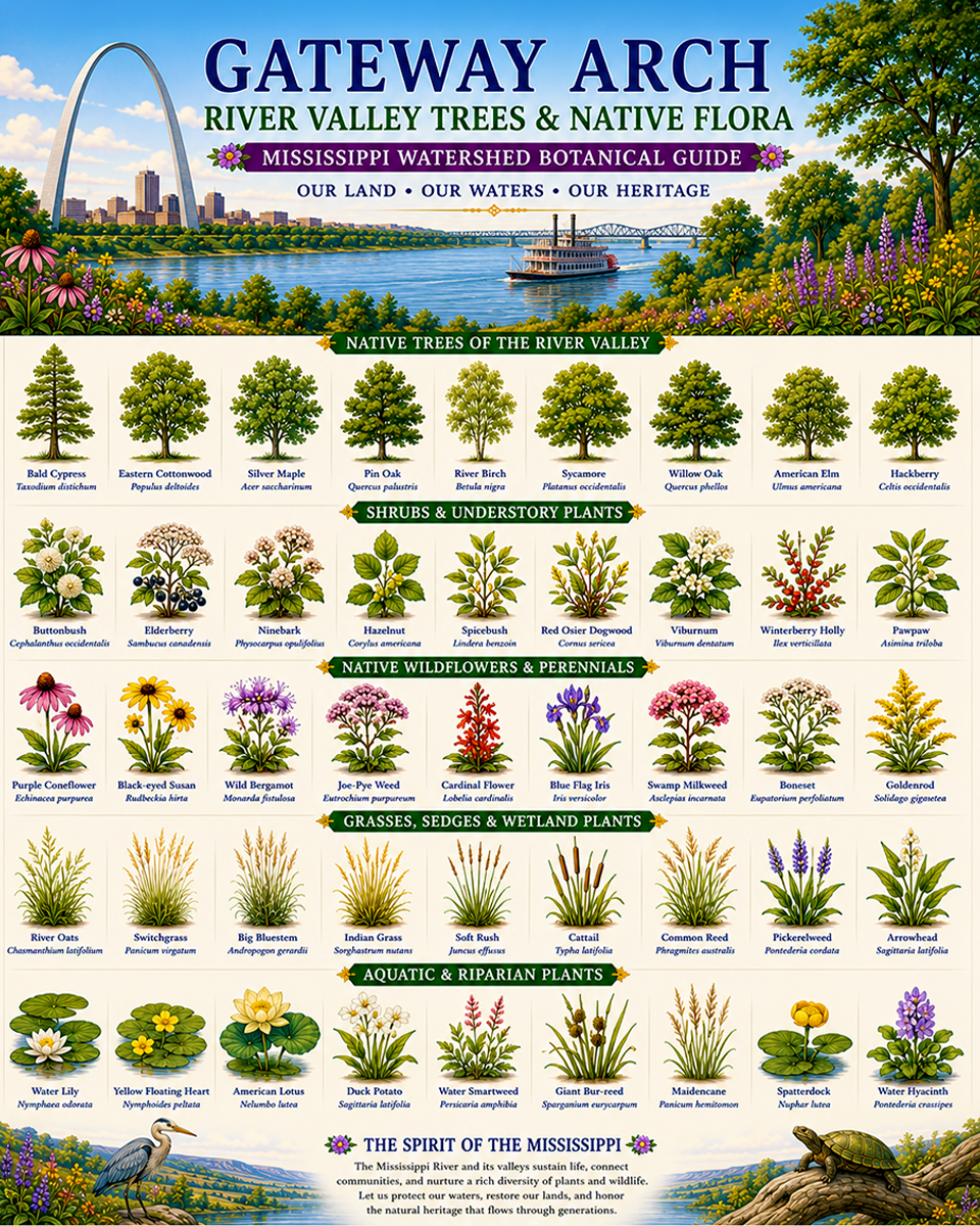 Gateway Arch River Valley Trees & Native Flora Chart Matted Art Print - Mississippi Watershed Botanical Guide