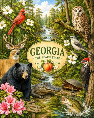 Georgia-Wildlife-Collage-Matted-Art-PrintQQForest-Birds-and-Southern-Nature-Artwork