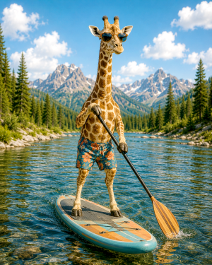 Giraffe-Paddleboarding-on-Scenic-Mountain-River-Matted-Art-PrintQQWholesale-Adventure-Art.png