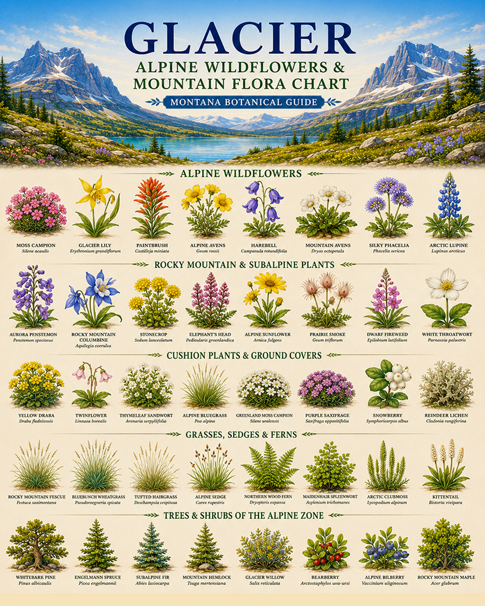 Glacier Alpine Wildflowers & Mountain Flora Chart Matted Art Print - Montana Botanical Guide