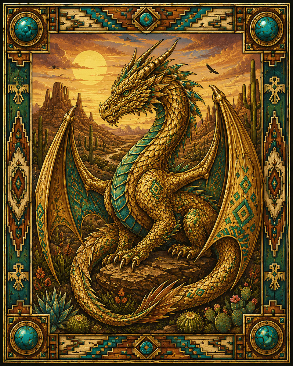 Golden Desert Dragon Southwestern Matted Art Print