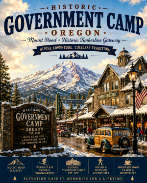 Government Camp Oregon Mount Hood Historic Timberline Gateway Matted Art Print - Wholesale Alpine Ski Town Decor