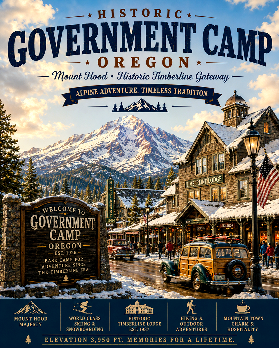Government Camp Oregon Mount Hood Historic Timberline Gateway Matted Art Print - Wholesale Alpine Ski Town Decor