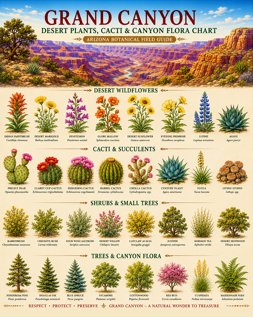Grand Canyon Desert Plants Cacti & Canyon Flora Chart Matted Art Print - Arizona Botanical Field Guide