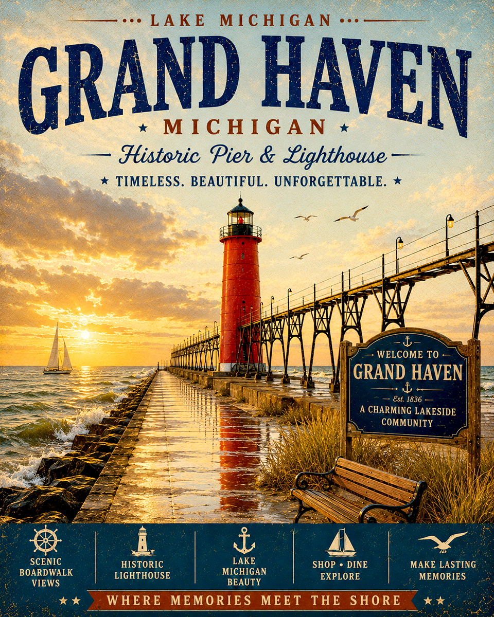 Grand Haven Michigan Historic Pier & Lighthouse Matted Print - Wholesale Lake Michigan Boardwalk Art