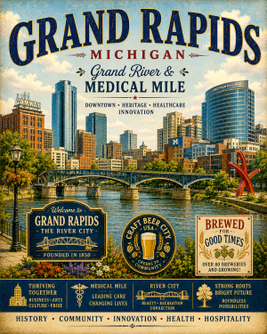 Grand Rapids Michigan Grand River & Medical Mile Skyline Matted Print - Wholesale Craft Beer City Art