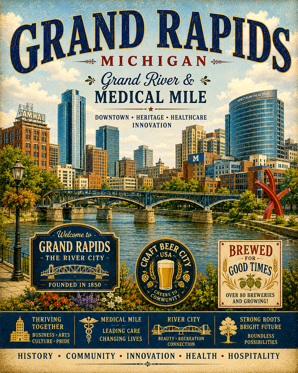 Grand Rapids Michigan Grand River & Medical Mile Skyline Matted Print - Wholesale Craft Beer City Art