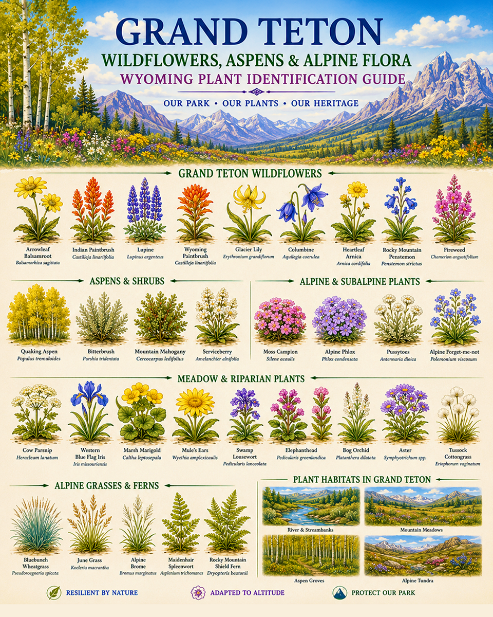 Grand Teton Wildflowers Aspens & Alpine Flora Chart Matted Art Print - Wyoming Plant Identification Guide